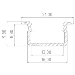 Aluminiumprofil 10mm - abgesenkt - L2020xB16xH9,8mm - Silber + Abdeckung matt