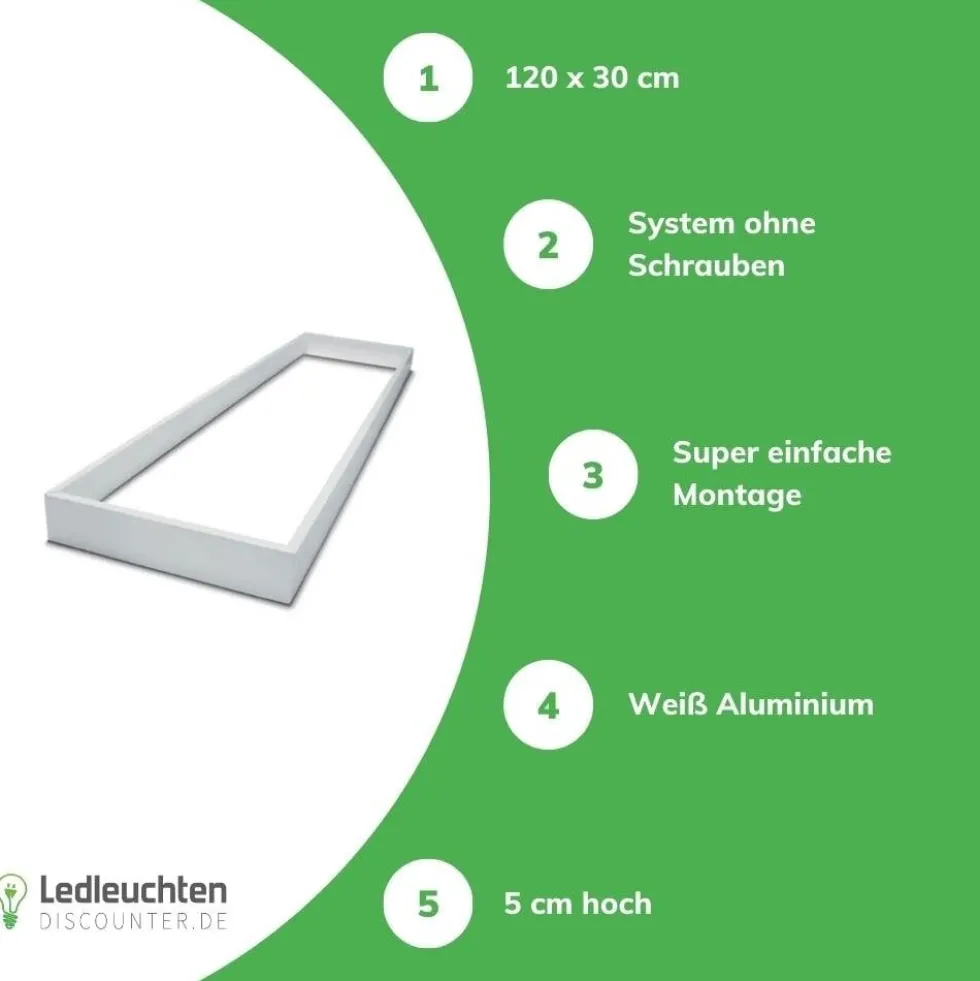 Aufputz-Klickrahmen Weiß - 120x30 cm | 40MM Geeignet für LED panelen - Schraublose Befestigung