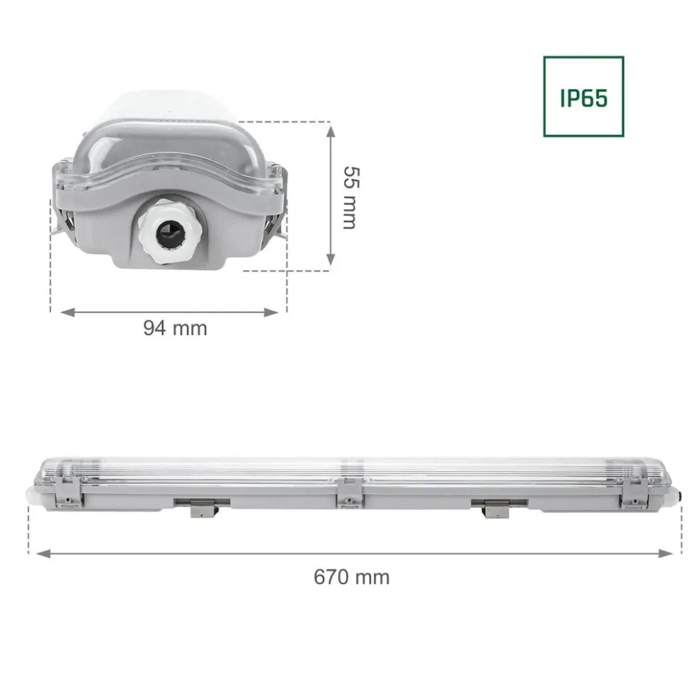 60cm LED Halterung IP65 + 2 High Lumen LED Leuchtstoffröhren 10W pro Röhre - 6000K 865 Tageslichtweiß - Komplettset
