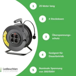 Kabeltrommel 25meter - 4-fach mit Schutzkontaktsteckdosen | Schwarz Kunststoff - H05VV 3G1,5 mm²