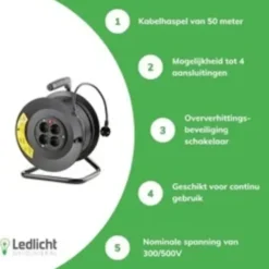 Kabeltrommel 50meter - 4-fach mit Schutzkontaktsteckdosen | Schwarz Kunststoff - H05VV 3G1,5 mm²