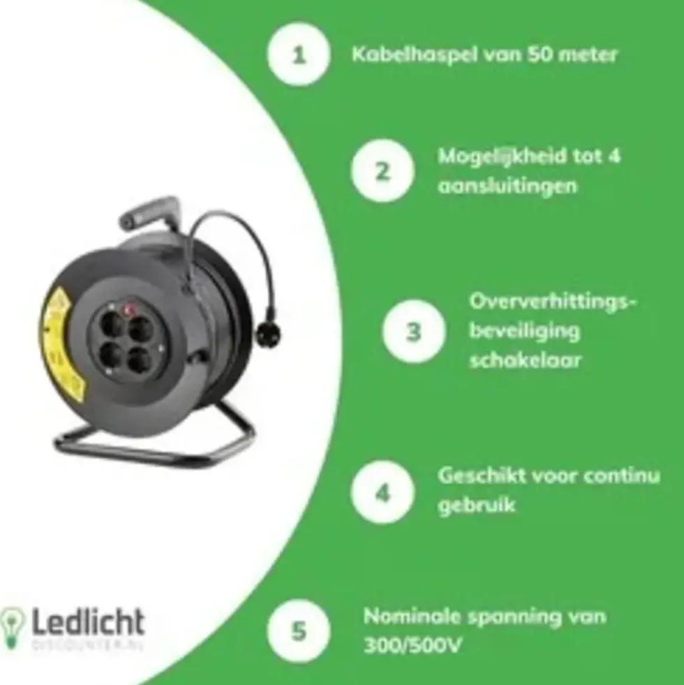 Kabeltrommel 50meter - 4-fach mit Schutzkontaktsteckdosen | Schwarz Kunststoff - H05VV 3G1,5 mm²