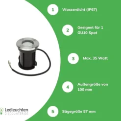 LED Bodenspot GU10 - IP67 - Rund Alu - 108mm | Einbaumaß 100mm - 230V