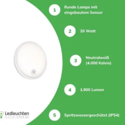 LED-Deckenleuchte - rund - mit Sensor - 20W 4000K - IP54 - 230V