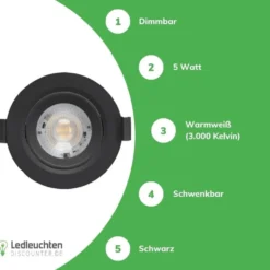 LED Einbauspot dimmbar - 5W entspricht 50W - 3000K Warmweiß - schwenkbar - Schwarz