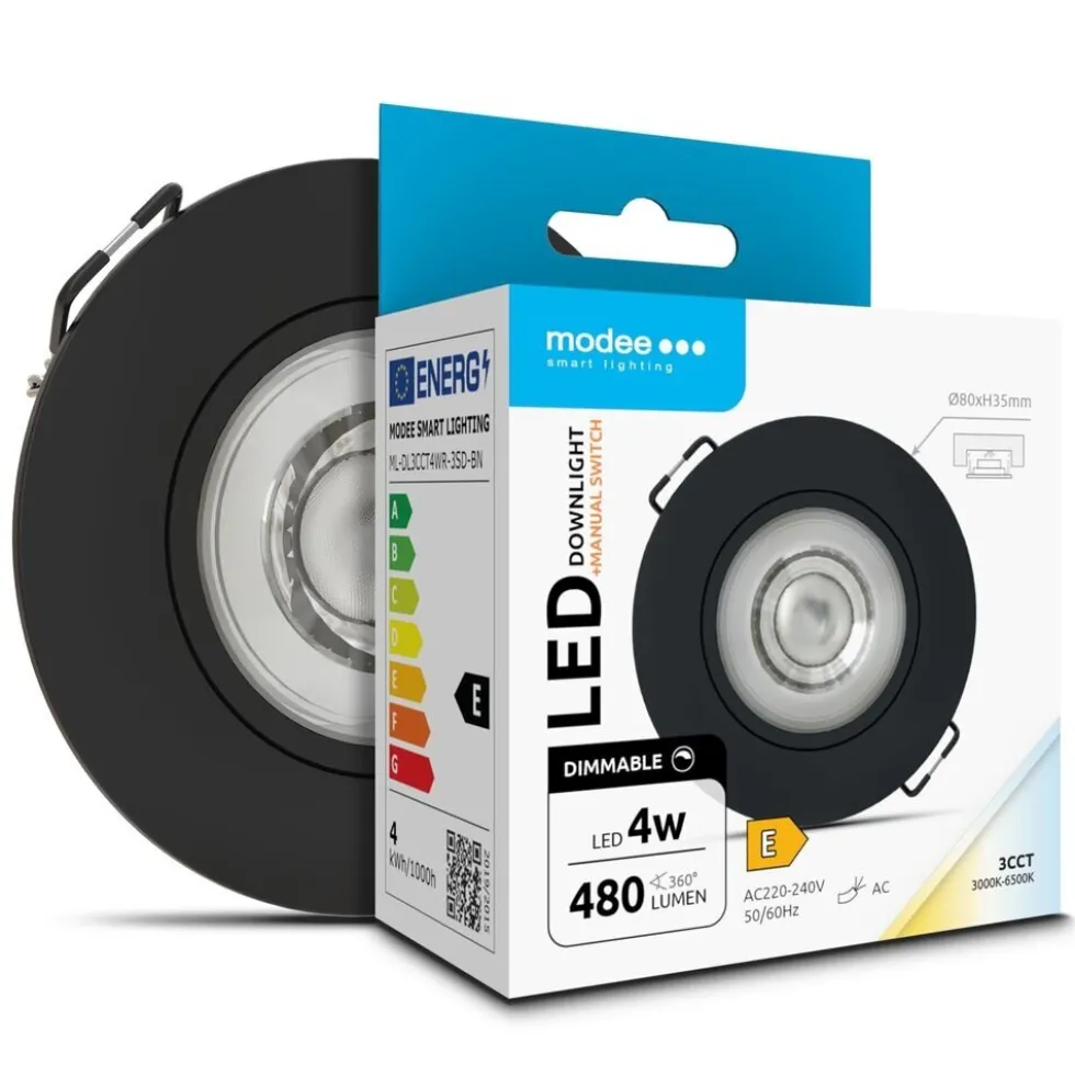 LED-Einbaustrahler - Schwarz - 4W - 3CCT - 3000K/4000K/6500K - 480lm - IP44 - 80mm - Neigbar - Dimmbar | Ausschnittgröße 68mm