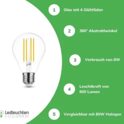 LED Fadenlampe - E27 A60 8W - entspricht 80W - 2700K Warmweiß