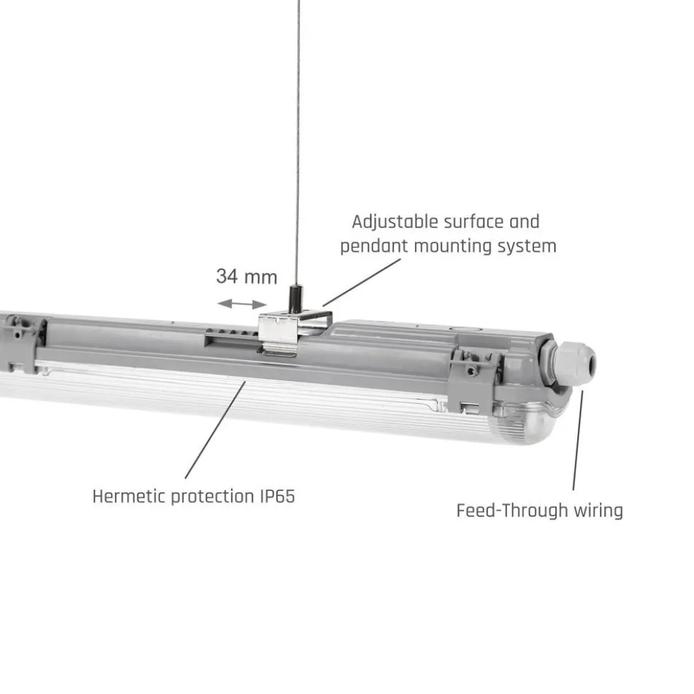 LED-Feuchtraumleuchte IP65 T8/G13 - 150cm Grau | 1- oder 2-Fassungen für 150cm LED Röhren Universal | IK10 Wannenleuchte