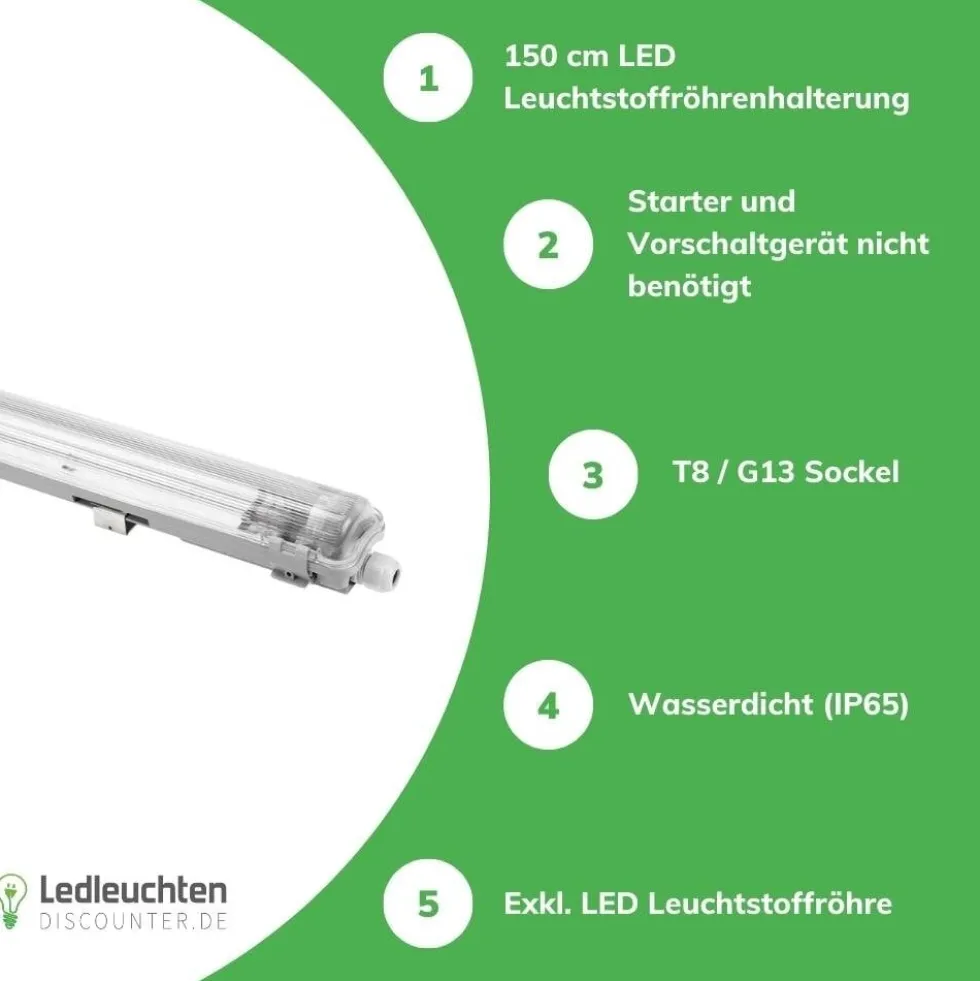 LED-Feuchtraumleuchte IP65 T8/G13 - 150cm Grau | 1- oder 2-Fassungen für 150cm LED Röhren Universal | IK10 Wannenleuchte