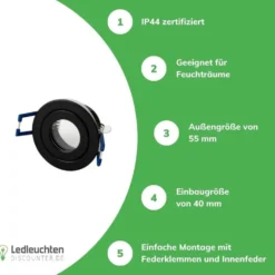 LED GU11 / MR11 Strahler Einbaurahmen 35mm - Schwarz rund - wasserdicht IP44 - Sägegröße 45mm - Außengröße 55mm
