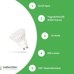LED GU10 Spot - 10W entspricht 100W - 6400K Tageslichtweiß - Keramik
