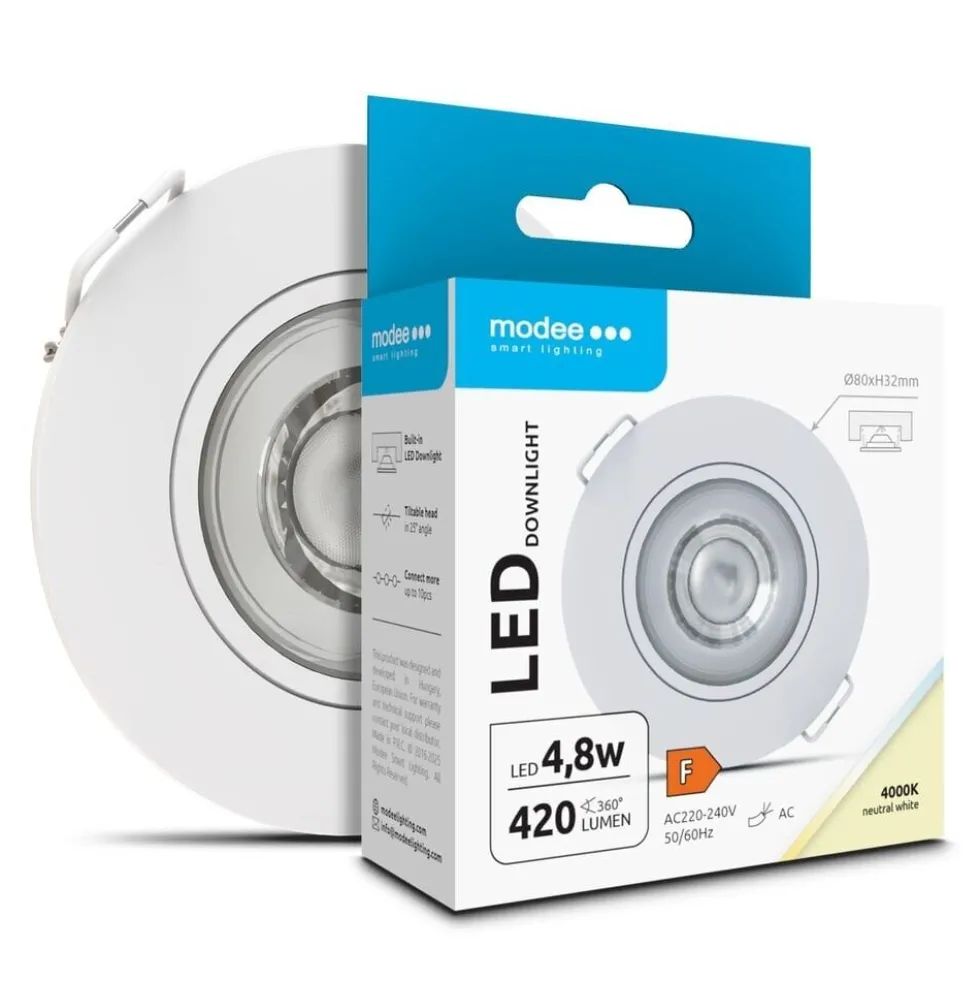 LED inbouwspot Wit- 4,8W - 420lm - 4000K - Kantelbaar - Niet Dimbaar - D80xH32mm