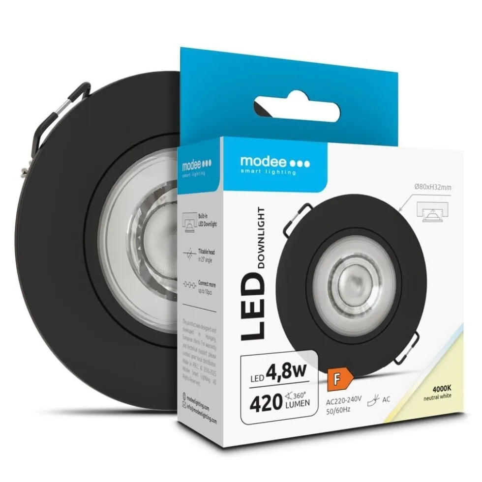 LED inbouwspot Zwart- 4,8W - 420lm - 4000K - Kantelbaar - Niet Dimbaar - D80xH32mm