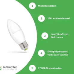 LED Lampe E27 - C37 - 6W entspricht 47W - 6000K Tageslichtweiß