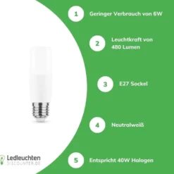 LED Lampe Stick - E27 T35- 6W entspricht 45W - 4000K Neutralweiß