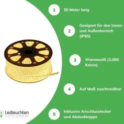 LED Lichtschlauch Pro V3 7MM | 200W 24.000Lm – 3000K 830 Warmweiß | 50 Meter Baustellenbeleuchtung | Plug & Play | 120 LEDs/m