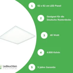 LED Panel 62×62 cm – 40 W 4800Lm – 4000 K 840 / 6000K 865