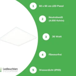 LED Panel IP65 Backlit 62x62cm - 4000K 830 - 36W 4320Lm - URG19 Prisma - 5 Jahr Garantie