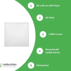 LED Panel 60x60cm Backlit - 40W 3600Lm - 4000K 840 - flimmerfrei - 3 Jahre Garantie
