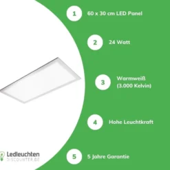 LED Panel 30x60 cm - 24W - Warmweiß - 3000K 2125Lm inkl. Trafo 5 Jahre Garantie