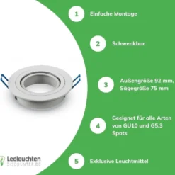 LED Spot Einbaurahmen für GU10 / MR16 - 75mm - weiß - rund - schwenkbar - Einbaugröße 92mm