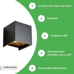 LED Wandlampe Up and Down - IP65 - 2x3W dimmbar - 3000K Warmweiß - einstellbarer Abstrahlwinkel