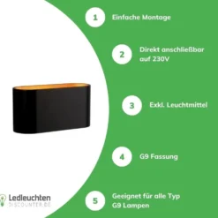 LED Wandleuchte oval - Schwarz Gold - mit G9 Fassung - 80x80x160 mm