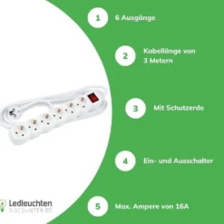 Steckdosenleiste 6-fach mit Ein- und Ausschalter- Kabellänge optional