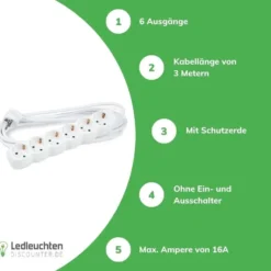 Steckdosenleiste 6-fach - Weiß - Kabellänge optional