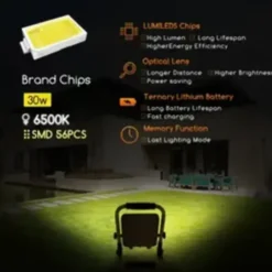 Wiederaufladbare LED-Arbeitsleuchte IP65 – 30 W, 1000 Lumen – 6500 K Tageslichtweiß – Bis zu 12 Stunden Betriebszeit